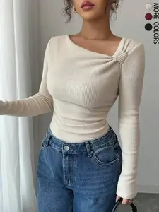 Autumn/Winter New Solid Color Brushed Ribbed Oblique Collar Pleated Long Sleeve T-Shirt, Slim Fit Casual Top Fall Cloth For Women，Christmas T-Shirt