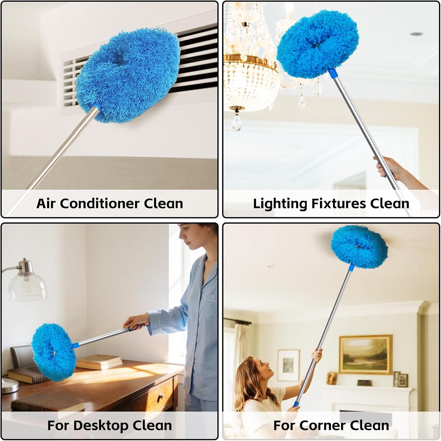 Ceiling Fan Cleaner Duster, Reusable Microfiber Duster with Extension Pole, 13 to 48 Inch Fan Blade Cleaner, Removable Dusters for Cleaning Walls Bookshelves Door Window Top (Blue)
