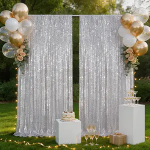 4x8FT Silver Glitter Sequin Drapes (2 Pack), Shining Backdrop Fabric for Wedding Ceremony, Reception, Birthday, Sweetheart Table, Photography Background