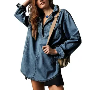 MIDIROSS Women's V-Neck Denim Pullover Shirt??gift?? Fit Top