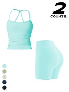 two-piece set women's solid cut out cami top & high waist shorts tracksuit set, sporty casual breathable quick drying outfits for yoga gym workout running, ladies tracksuits sportswear for all seasons, gym sets for women, activewear, workout clothes