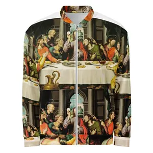 GOD FIRST LAST SUPPER Unisex Bomber Jacket - Collared Neck, Brushed Fleece, Unisex Fit, Silver YKK Zipper, 100% Polyester Fabric, 2 Pockets