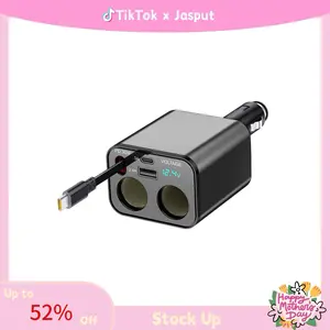 Car Charger Cigarette Lighter Adapter, 147W Fast USB-C Car Charger with Retractable Cable, 2 USB Ports & LED Voltmeter, Multi Port Car Phone Charger for iPhone Android