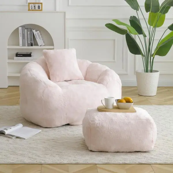 Oversized Faux Fur Bean Bag Chair with Ottoman, Shell-Shaped Fixed-Arm Floor Sofa with Pre-Filled High-Density Foam for Living Room, Bedroom