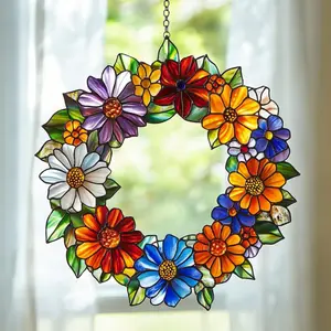 Flower Wreath Stained Glass Window Hanging - ACRYLIC Floral Decoration for Home, Garden, and Spring Decor