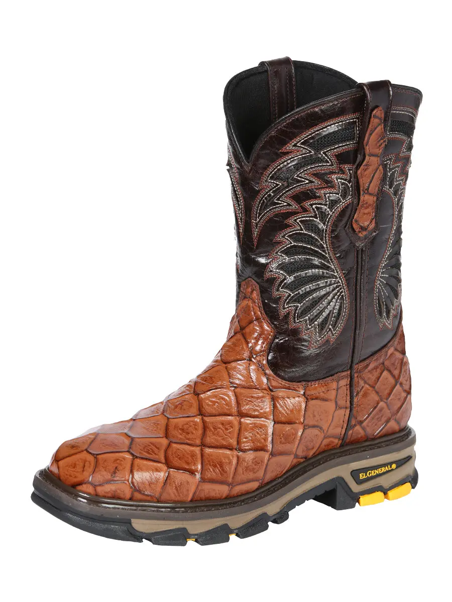 Men's 12 in Cognac-Dark Brown Exotic Pirarucu Fish Print Work Boot - Closed, Pull Tab, Oil Resistant, Durable, Square Toe, Dark Espresso, Oil Fields, Rodeo Outfit Inspo, Urban Cowboy, Rugged Style, Lug Sole, Statement Shoes, Western Ootd