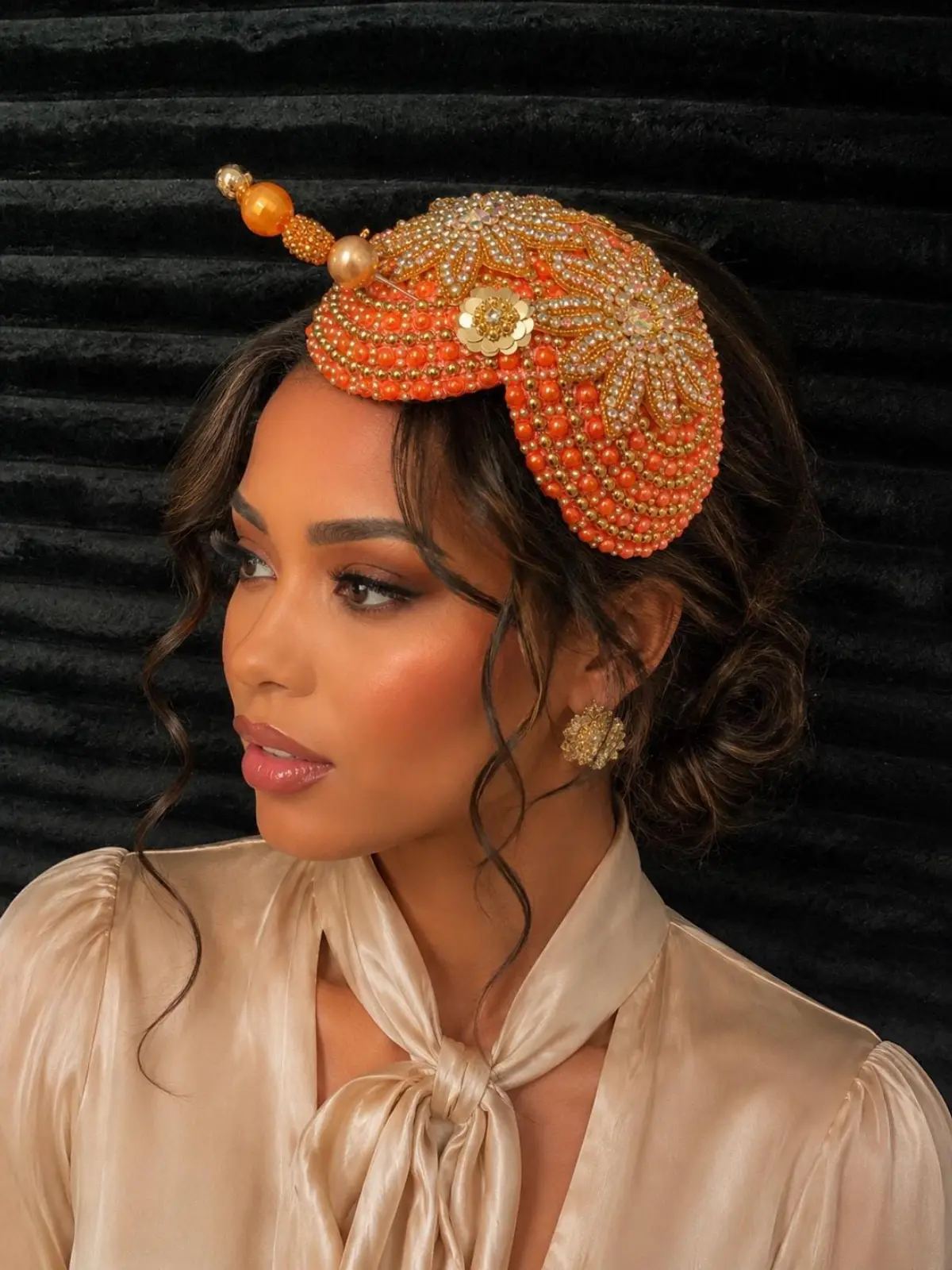 Orange & Gold Beaded Fascinator Hat