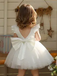 Baby Girl Party Dress with Handmade Beaded Bow, Flower Girl Gown for Birthday, Evening, Costume Parties, Weddings, Festivals, Baby Girl Clothes