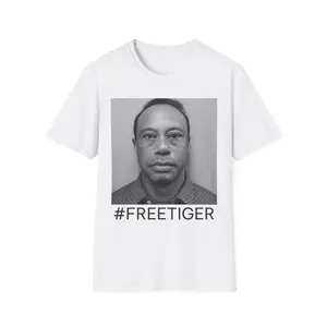 Tiger Woods mugshot with #FreeTiger T-Shirt Sports Icon Tee Graphic Tee Heavy Cotton Tee Shirt, 100% Heavy Cotton Shirt
