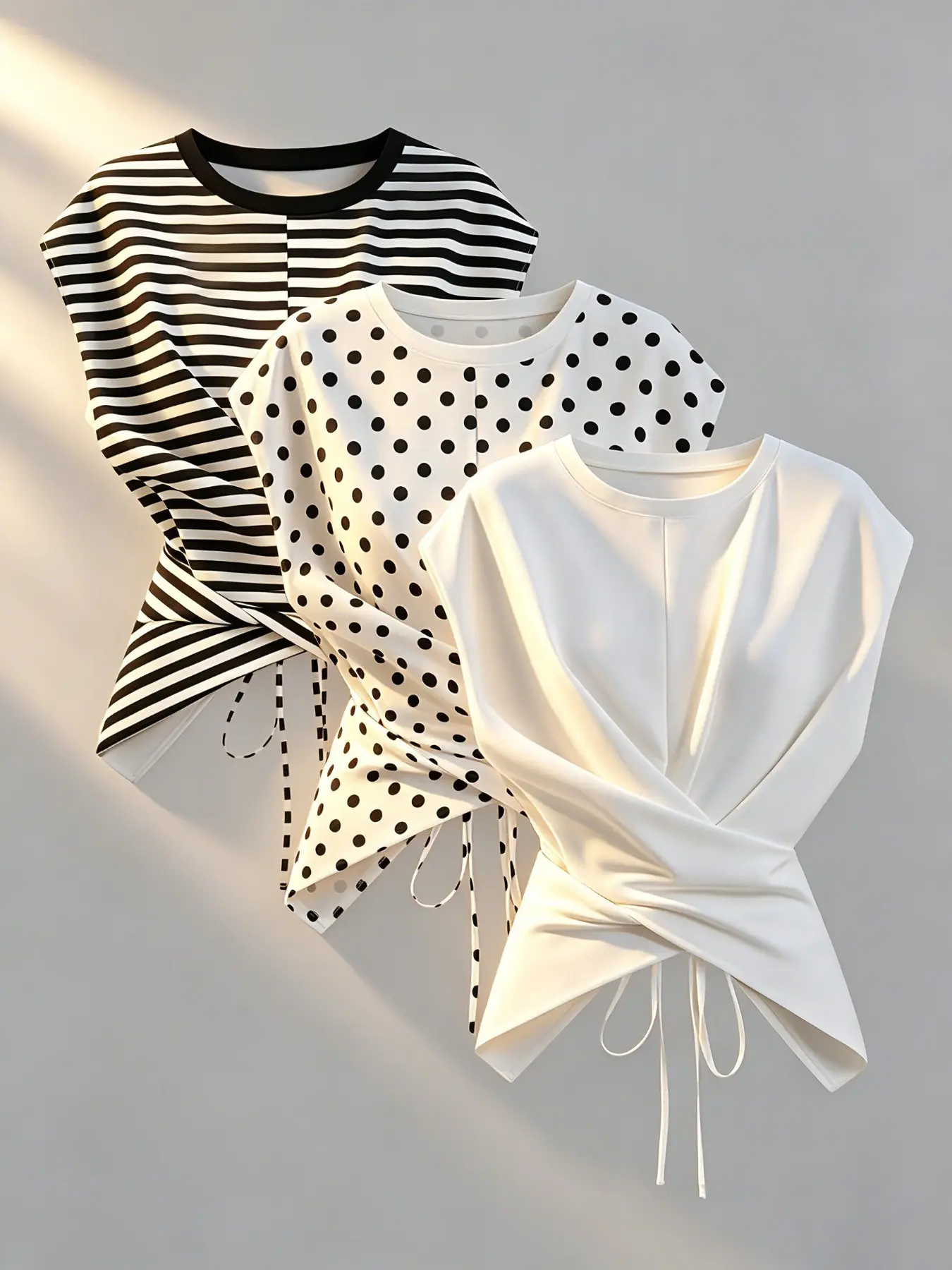 Round-Neck Drawstring Waist Batwing Lightweight Fabric T-Shirt 3-Piece Set, Summer Solid/Polka Dot/Striped Printed Short-Sleeve Top Bundle, Fashionable Versatile Fit, Ideal for Women's Daily Commute, Shopping & Casual Outings