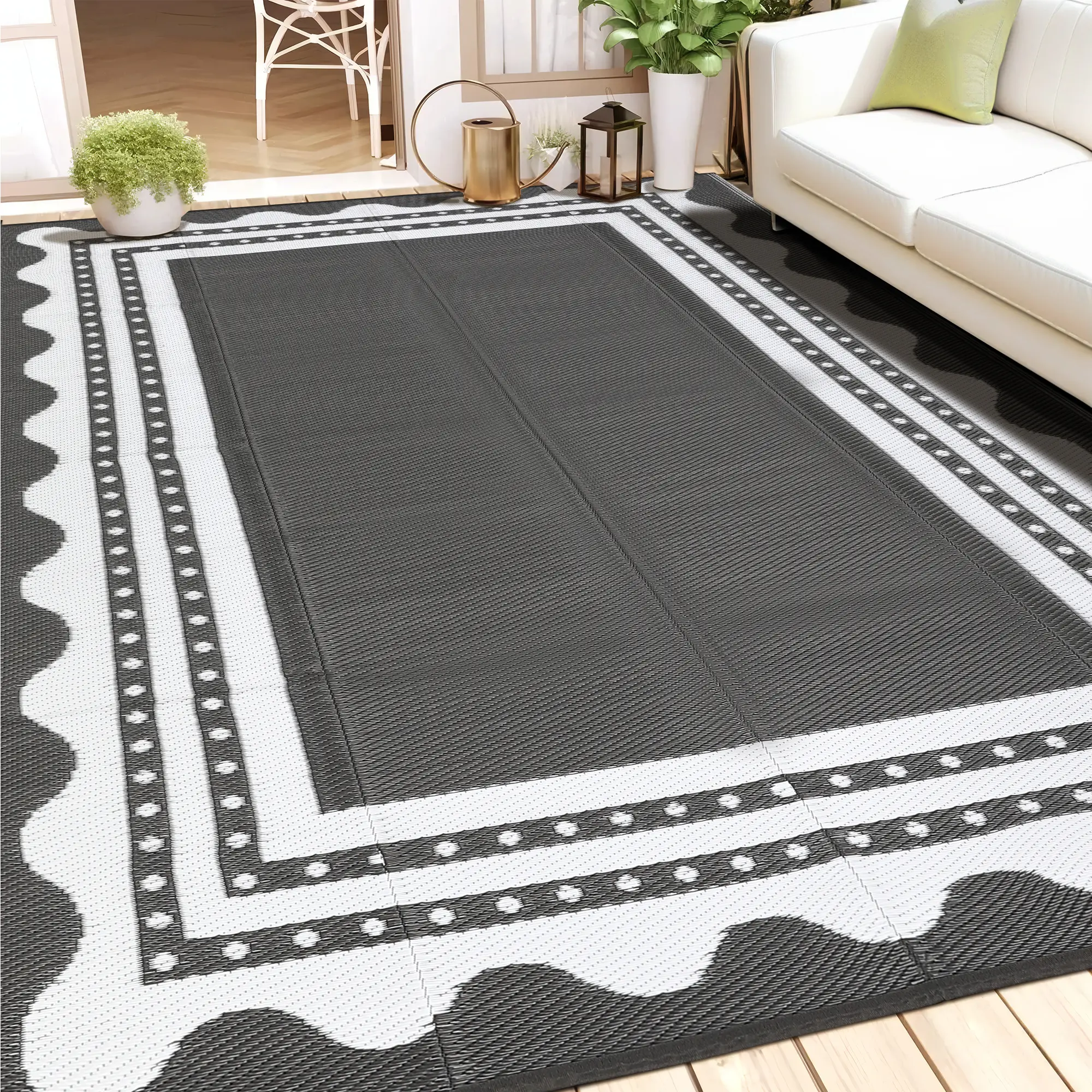 Waterproof Reversible Outdoor Rug for Patio Deck Porch Backyard, Large Plastic Straw Area Mat for Camping RV Picnic Beach Balcony, Modern UV Resistant Foldable Easy Clean Indoor Outdoor Carpet in Multiple Colors Sizes