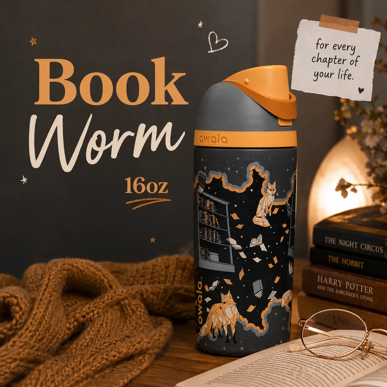 Book Lover School Essential | Owala Book Worm 16oz FreeSip Water Bottle from the Book Club Collection for Kids, Students, Lunch Bags & Reading Time