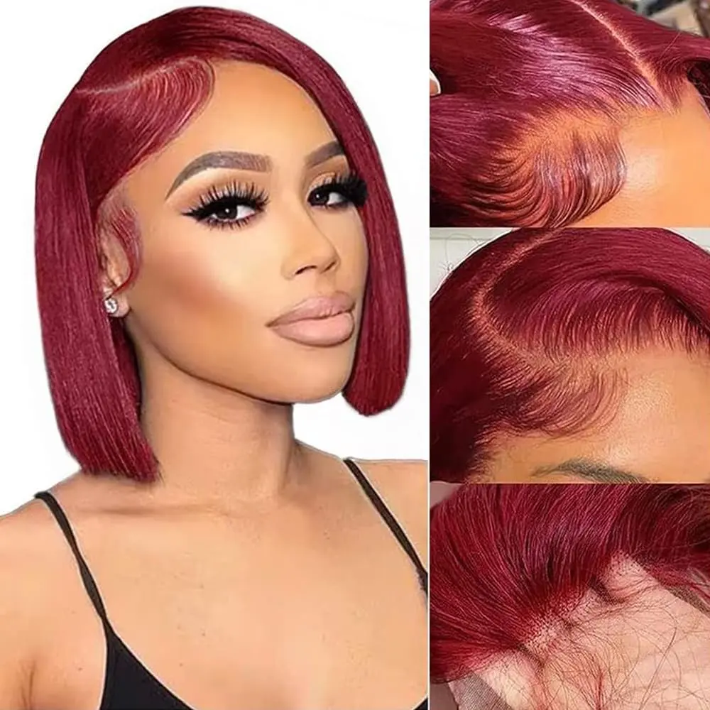 99J Lace Front Wigs Human Hair Brazilian Burgundy Straight 13x4 HD Transparent Lace Bob Wig Human Hair Glueless Frontal Wigs Pre Plucked 180% Density Short Bob Wig Human Hair With Baby Hair