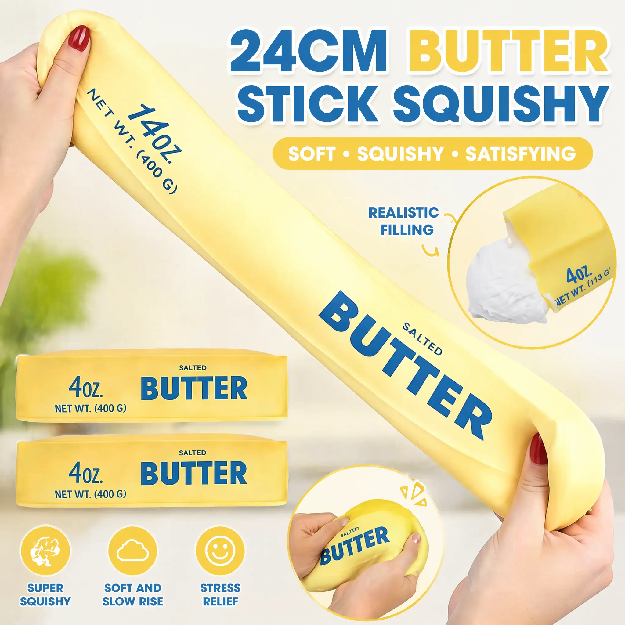 Butter Squish Stick Fidget Toy – Super Soft Butter-Like Dough Texture, Slow Rising Squishy, Satisfying Squeeze & Stretch Stress Relief Toy, ASMR Sensory Fidget for Anxiety, Desk Toy for Kids 3+ & Adults