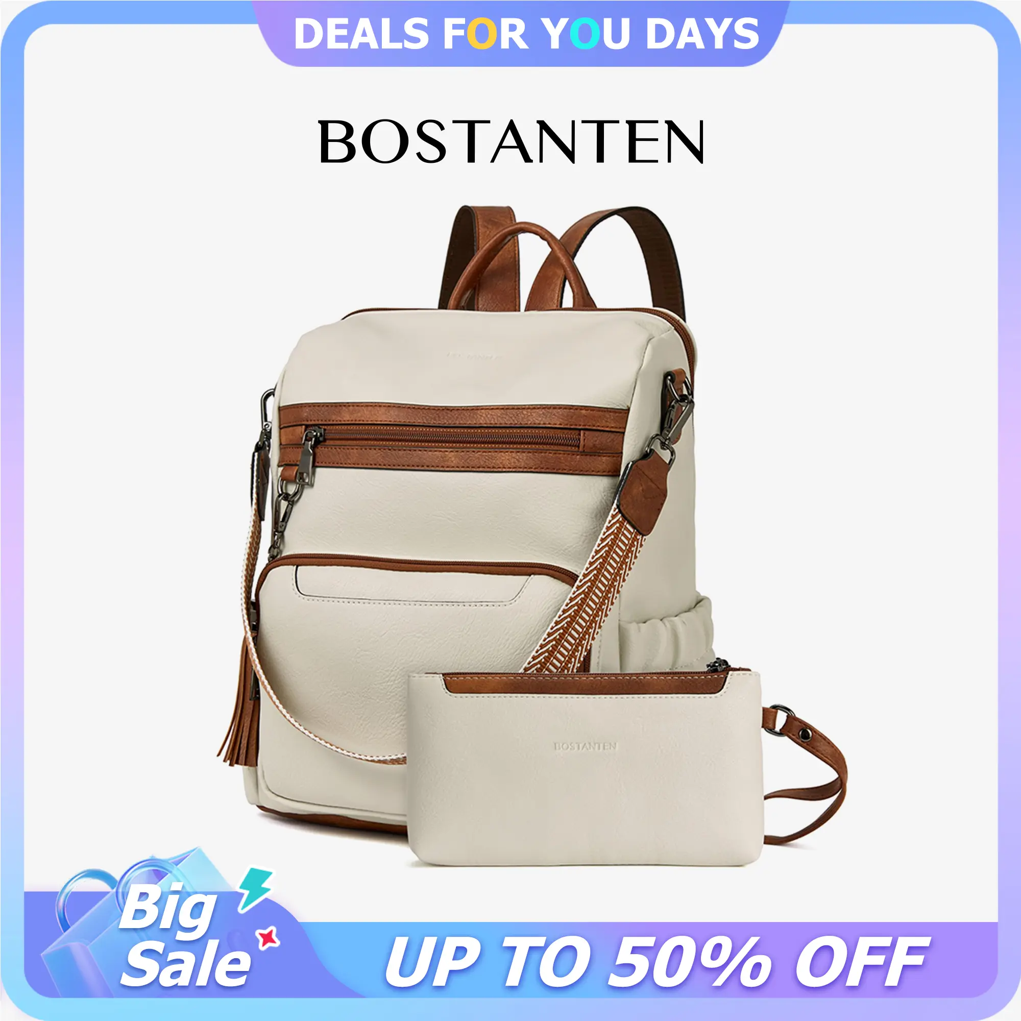 BOSTANTEN Backpack for Women Leather Womens Backpack Purse 2PCS Laptop Backpack Large Ladies Shoulder Bags with Wristlet,summerwins,campingessentials,campinggear,vacationoutfits,beachoutfits