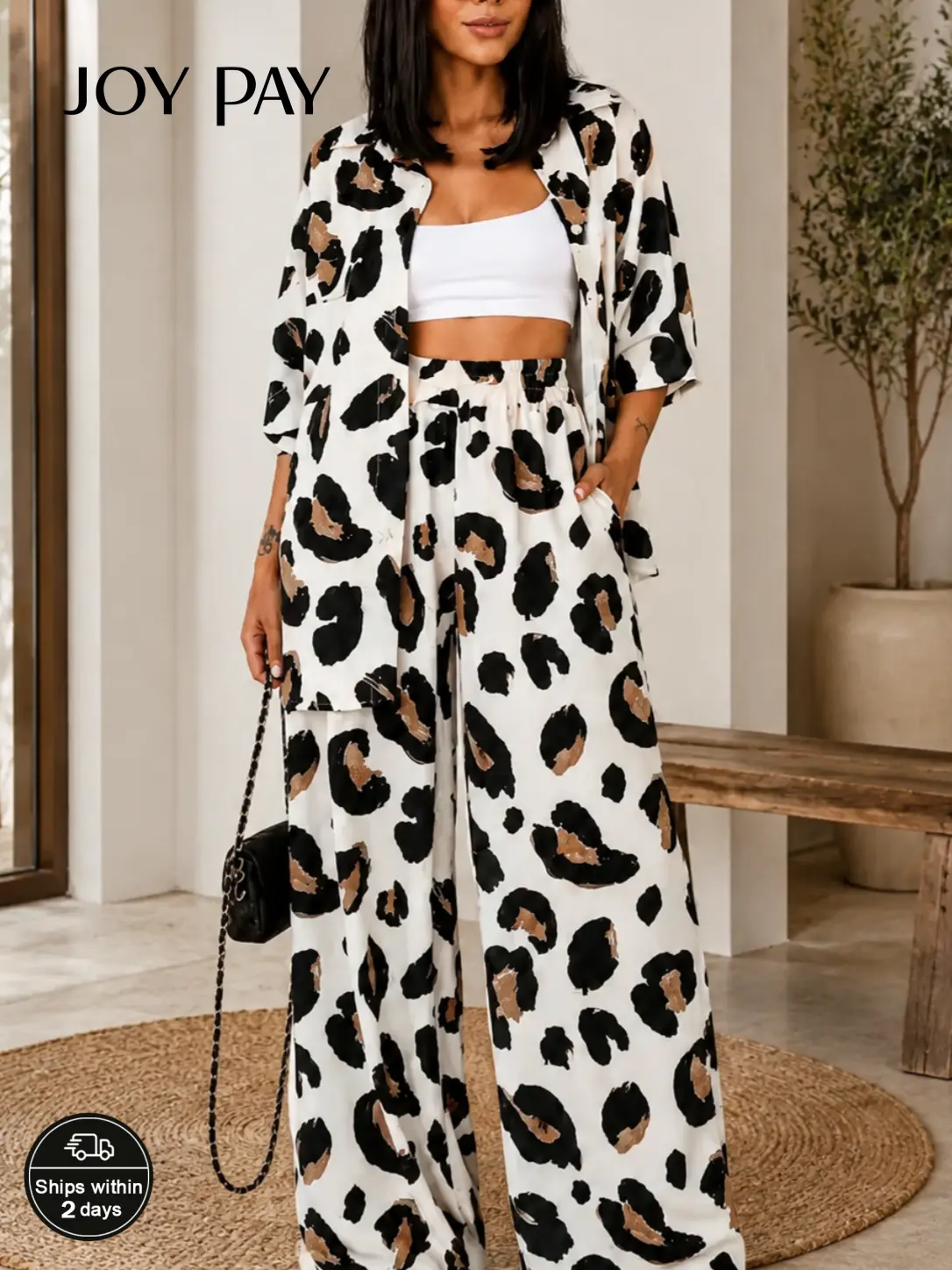 JOY PAY Womens 2 Piece Vacation Outfit – Animal Print Button Down Shirt and High Waist Wide Leg Pants Set for Resort, Travel, Brunch, Streetwear, Beach Trips and Daily Wear