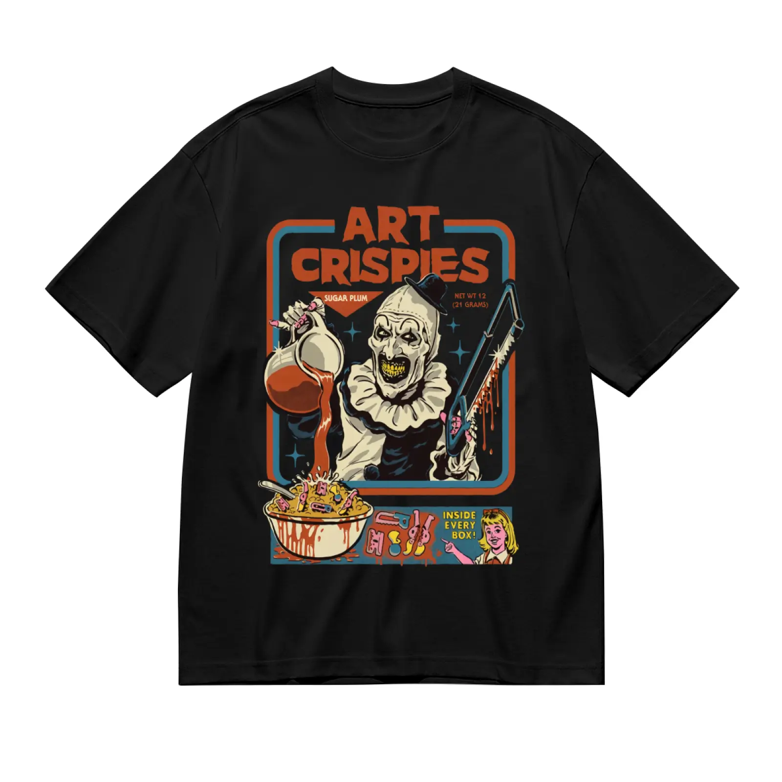 Art Crispies Art The Clown Inspired Printed T-Shirt, Retro Cereal Box Horror Terrifier Graphic Unisex Crew Neck Short Sleeve Tee, Casual Streetwear Cotton Tops For Horror Movie Fans S-5XL