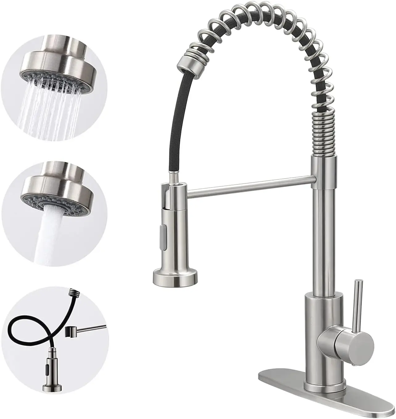 Kitchen Faucets with Pull Out Sprayer Commercial Spring Sink Faucet Stainless Steel Brushed Nickel Pull Down Single Handle Farmhouse faucets with Deck Plate for Camper Laundry Utility Rv Wet Bar