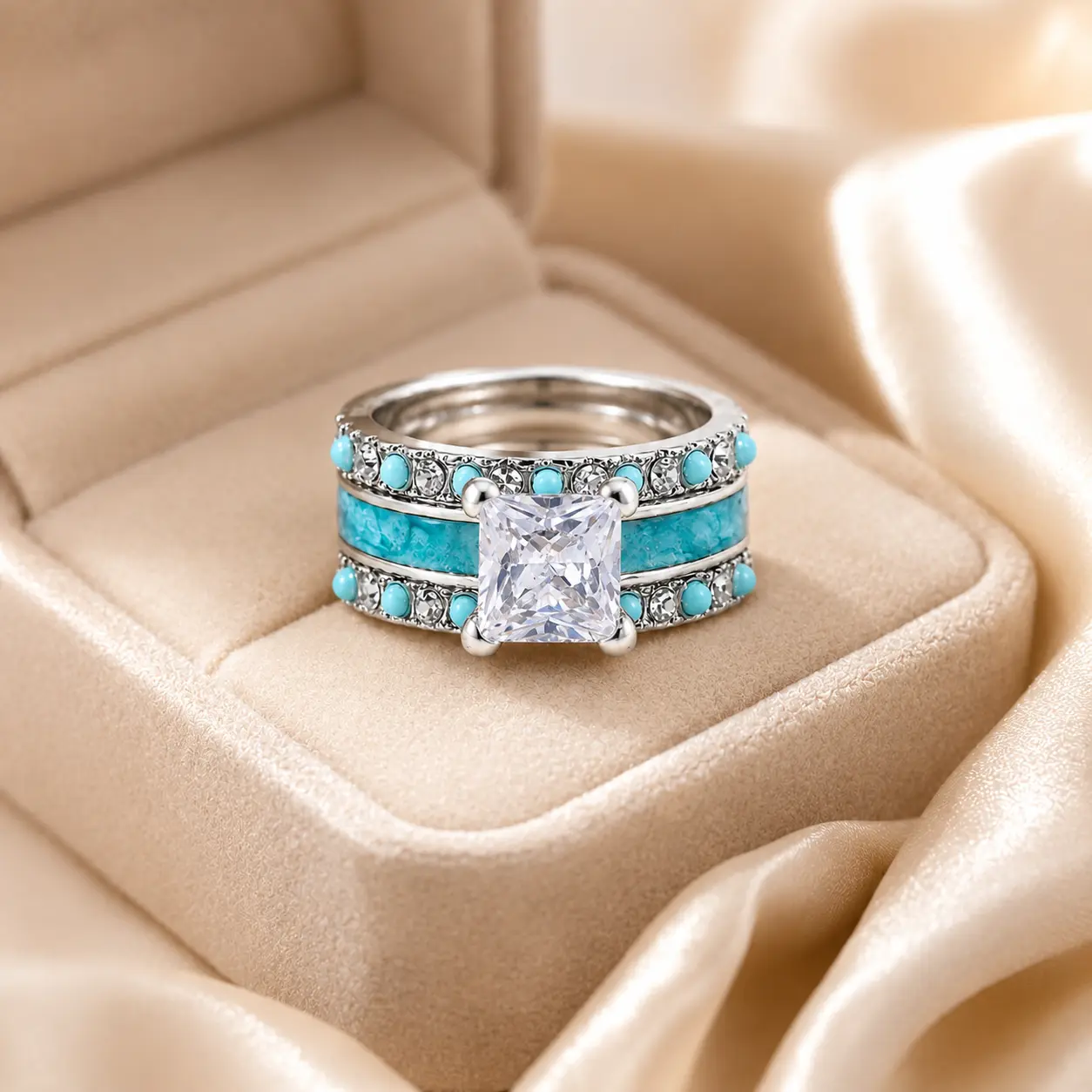 Women's Turquoise Romantic Elegant 3-in-1 Charm Stacking Ring - Female Aesthetic Style Costume Jewelry Accessory, Ideal Gift for Partners Symbolizing Eternal Love, Stackable, Aesthetic Style Rings