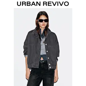 URBAN REVIVO Women's Elegant Funnel Neck Denim Bomber Jacket - Lady's Casual Outerwear, UYY850282