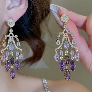 Luxurious and sophisticated purple water drop tassel earrings DDES0413, fashionable full-diamond geometric earrings, party dress accessory, 14K gold-plated