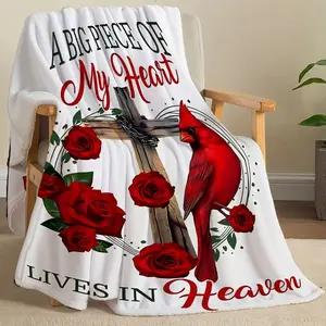 Red Cardinal Bird & Roses Flannel Blanket - Contemporary Reversible Quilted Throw, Machine Washable, All Seasons Soft Polyester, Digital Print, Multipurpose Comfort Gift,halloween Decor Blanket Sale Christmas Decor Christmas Gifts Birthday Decorations