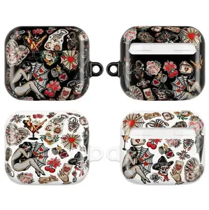 Traditional Tattoo AirPods Case, Black White Collage Protective Cover for AirPods Gen 1, 2, 3, 4, AirPods Pro 1, 2, 3 Edgy Gift for Women Men