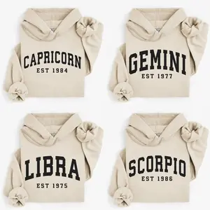(LEAVE A NOTE or DM SHOP) Custom Zodiac Hoodie with Est Year - Sand, Cute Horoscope Astrology Graphic Hoodie, Unisex Crewneck Hoodie, Personalized Zodiac Energy Gift for Birthday, Star Sign Lovers, Celestial Hoodie - AG