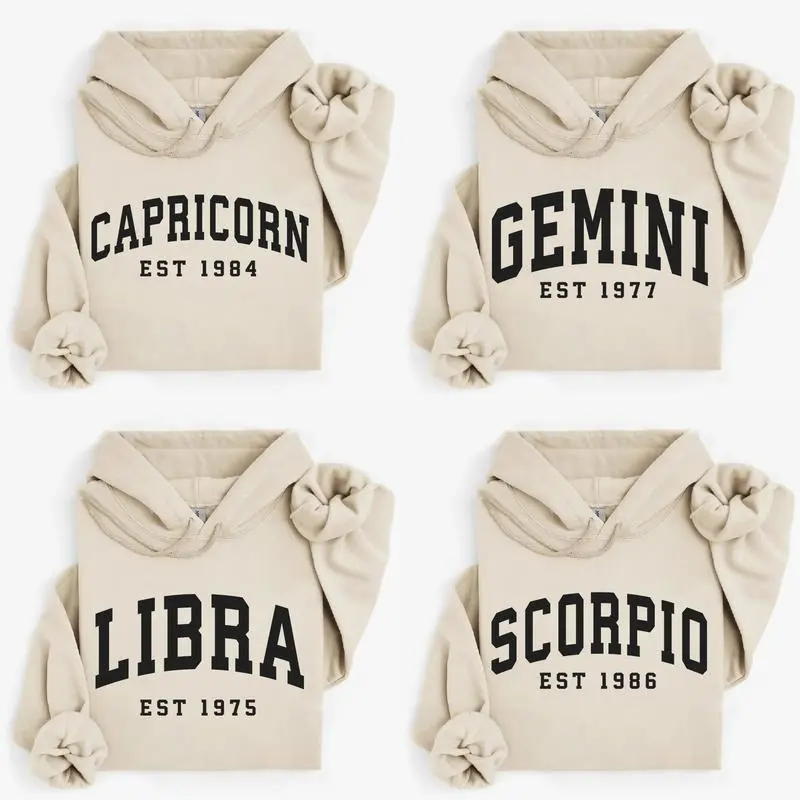 (LEAVE A NOTE or DM SHOP) Custom Zodiac Hoodie with Est Year - Sand, Cute Horoscope Astrology Graphic Hoodie, Unisex Crewneck Hoodie, Personalized Zodiac Energy Gift for Birthday, Star Sign Lovers, Celestial Hoodie - AG