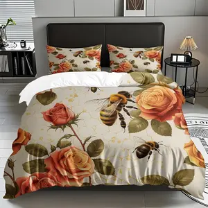2/3PCS Bee,Flower Dance Pattern Theme Duvet Cover Set(1*Duvet Cover+1/2*Pillowcase,No Filling)Skin-Friendly Soft Digital Printed Bedding Set, Bedroom Bedding Set, Christmas, New Year, Birthday Gifts For Family, Suitable For All Year Round
