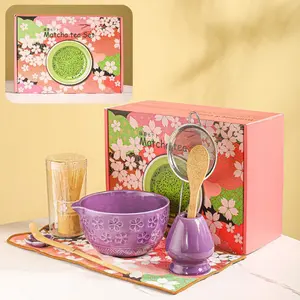 8-Piece Matcha Set - Tea Kit with Cherry Blossom Bowl, Bamboo Whisk, Wood Scoops, Tea Cloth & Floral Display - Gift-Ready Pink Cherry color box (Purple;)
