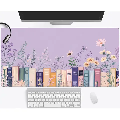 Floral & Bookshelf Pattern Mouse Pad, Large Mouse Pad with Stitched Edges, Non-slip Waterproof Rubber Base Desk Mat for Office and Home, Office Desk Accessories, Computer Desk Accessories, Office Stationery Supplies, Desk Decor