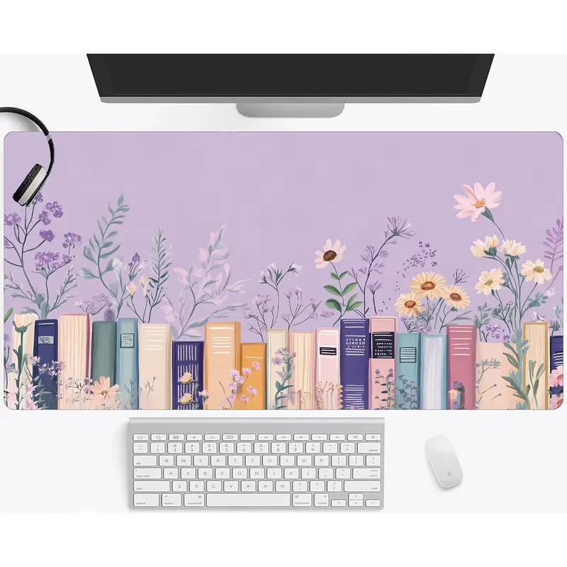 Floral & Bookshelf Pattern Mouse Pad, Large Mouse Pad with Stitched Edges, Non-slip Waterproof Rubber Base Desk Mat for Office and Home, Office Desk Accessories, Computer Desk Accessories, Office Stationery Supplies, Desk Decor