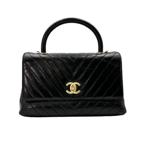 Pre-owned CHANEL Calfskin Shoulder Bags CoCo Handle Black Chevron Quilted Handle Bag(24***98) CC1636