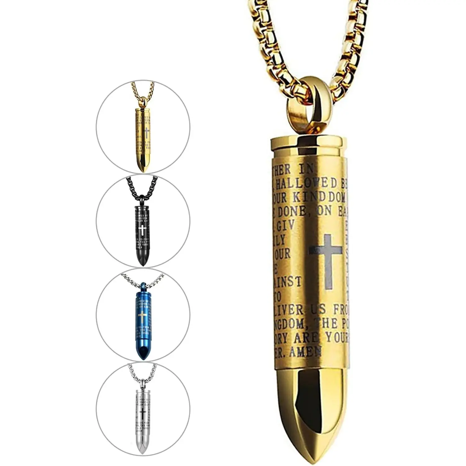 Stainless Steel Bullet Pendants Cremation Urn Ashes Necklaces Cross Lords Prayer in English, 21.7" Square Pearl Chain