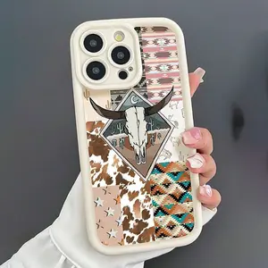 Vintage Cow Head Pattern Phone Case, Shockproof Phone Protective Cover, Phone Accessory Compatible with iPhone 11 12 13 14 15 16 Pro Max/Pro/Plus