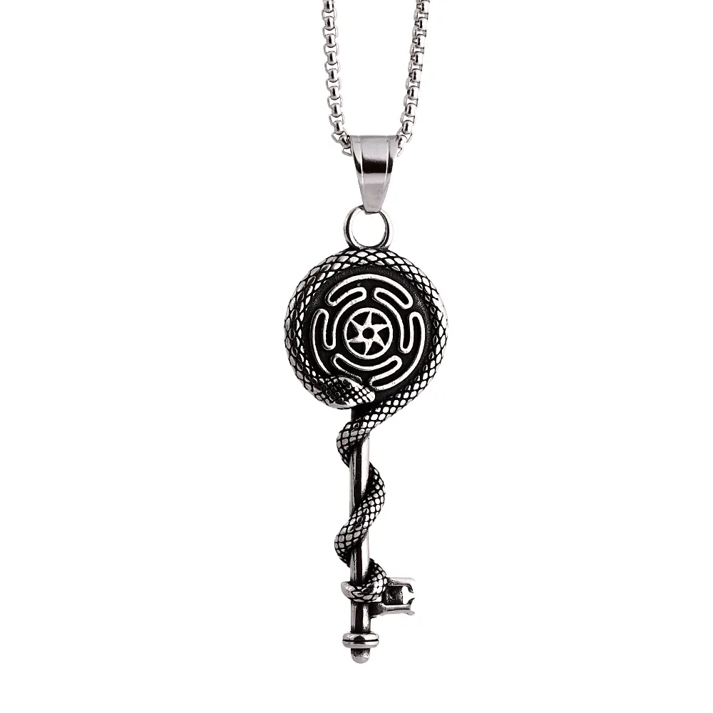 Hecate Wheel Snake Key Necklace, Triple Moon Goddess Wiccan Protection Talisman, Stainless Steel Pagan Witchcraft Amulet