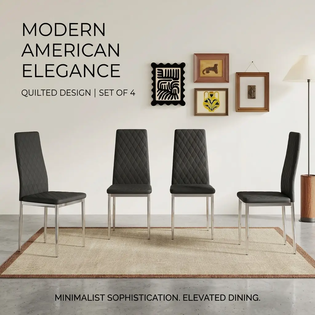 Modern Minimalist Dining Chairs Set of 4 - Indoor Home Furniture Functional Chairs with Waterproof PU Leather Dining Seats, Stable Silver Metal Legs, Mid-Back Support for Kitchen/Living Room, Easy Assembly, Black