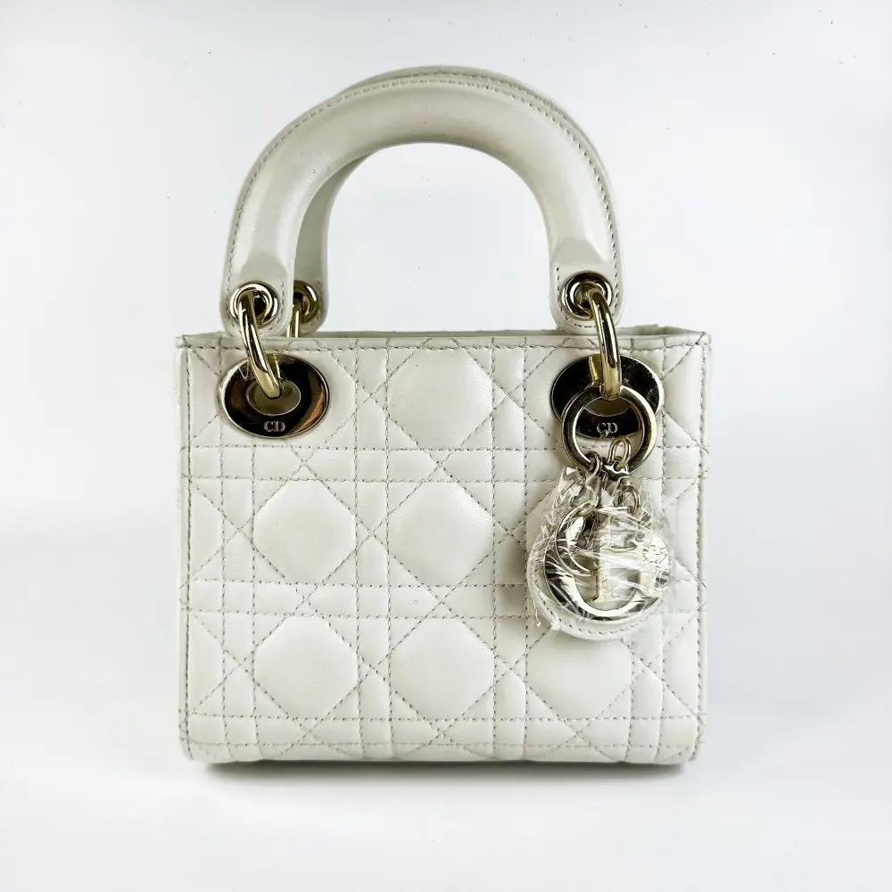 Pre-owned Dior Mini Lady White Cannage Leather Handbag【855】