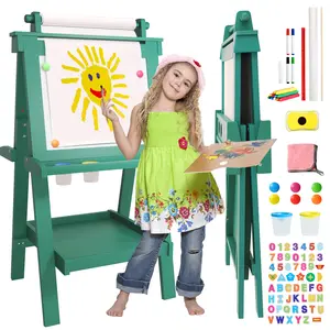Foldable All-in-1 Toddler Easel with Paper Roll& 84pcs Accessories Magnetic Chalk-Whiteboard Art Wooden Easel for Kids 3~10 Years Old Boys Girls