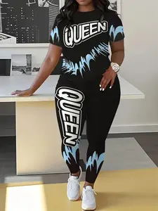 Letter Element Spring Summer Casual Round Neck Short Sleeve Long Pants Two-Piece Set, Striped Fitted Style, Regular Length, Women's Fashion