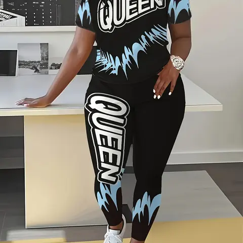 Letter Element Spring Summer Casual Round Neck Short Sleeve Long Pants Two-Piece Set, Striped Print Fitted Style, Regular Length, Women's Fashion Womenswear Clothes, Two Pieces Sets
