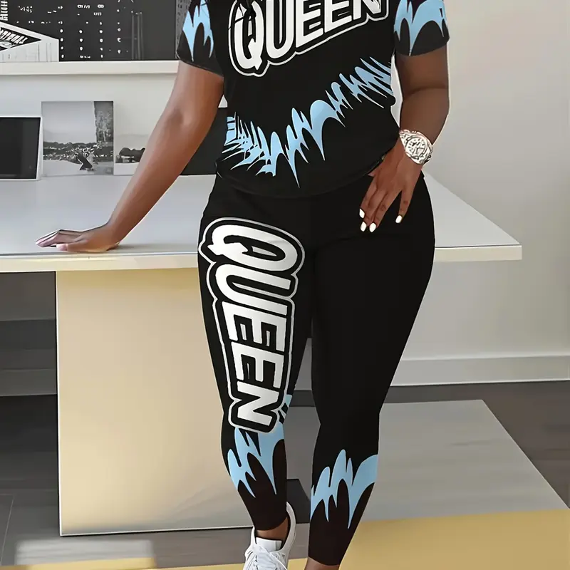 Letter Element Spring Summer Casual Round Neck Short Sleeve Long Pants Two-Piece Set, Striped Print Fitted Style, Regular Length, Women's Fashion Womenswear Clothes, Two Pieces Sets