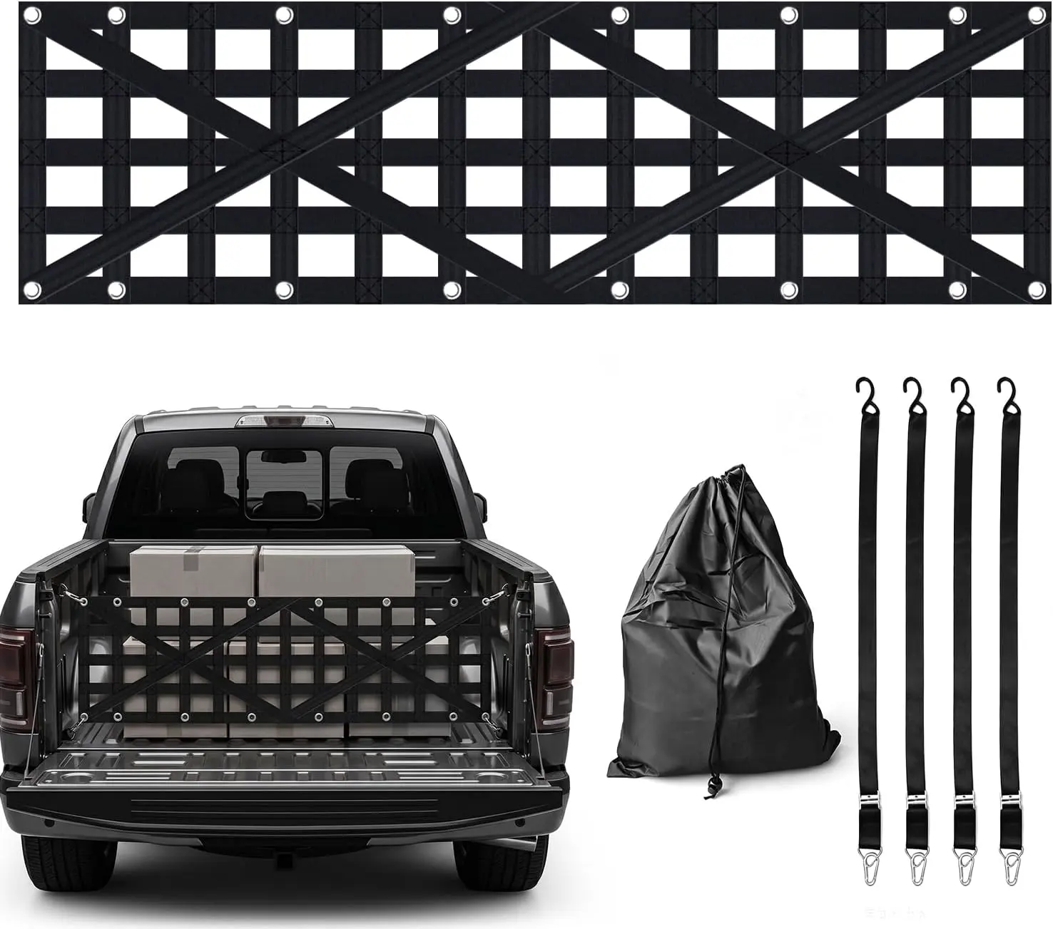 Heavy Duty Tailgate Net for Truck Bed, 59"x18" Cargo Extender with Adjustable Straps & Dual Cross-Webbing, for Pickup, Trailer, SUV & Boat, Secures Oversized Cargo