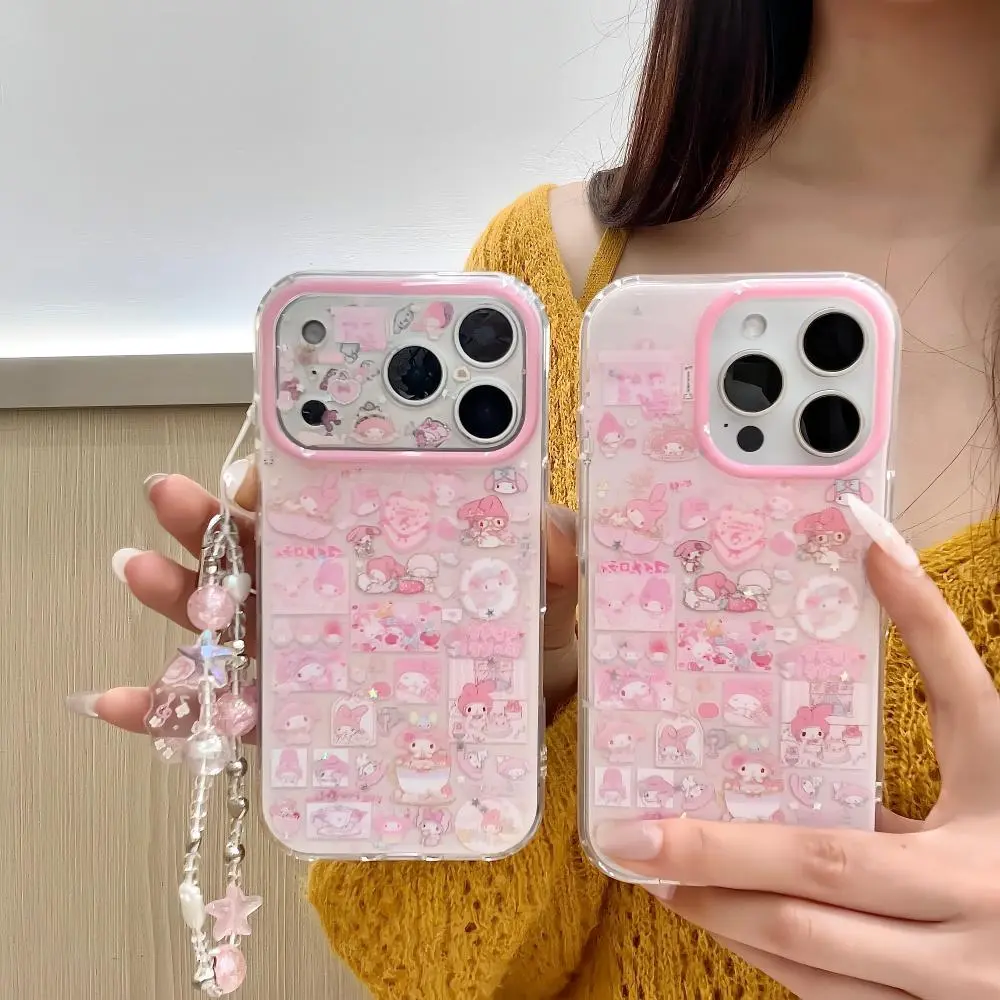 Stars Flash Powder My Melody Phone Case For iPhone 17 14 15 16 Pro Max With Bracelet  Lovely  Shockproof Protective Back Cover