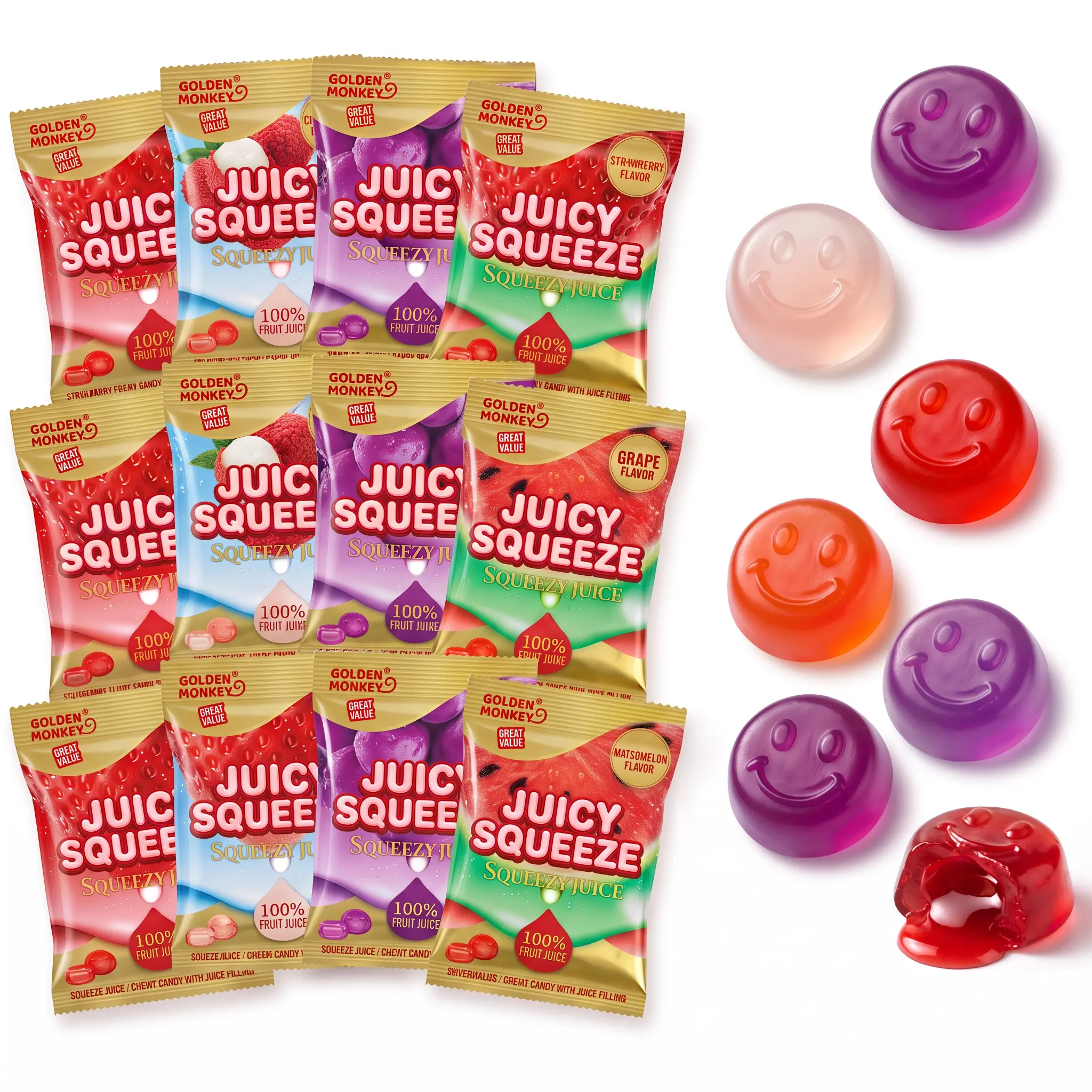 Juice Squeeze Peelable Gummy Candy Variety Pack - Assorted Fruit Flavors with Soft Gummy Center, Grape, Watermelon, Lychee & Strawberry, Chewy Candy Variety Pack, Fat-Free Snacks