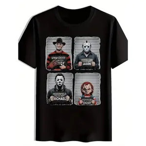 Men's Horror Icons Graphic Print T-Shirt - Black Casual Short Sleeve Round Neck Summer Tee with Freddy Krueger, Jason, Michael Myers & Pennywise Design
