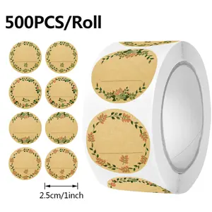 1 Roll 500 Pages Cowhide Paper Stickers, Floral Pattern Sticker, Round Wreath Pattern Labels for Cans, Food Storage, Christmas and Valentine's Gift Bags Sealing