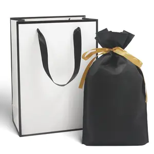 Gift Bag Set – Thick Reusable Paper Tote Bag + Ribbon Drawstring Non-Woven Pouch, Multiple Colors Available, Perfect for Birthday, Wedding, Anniversary, Party Gift Wrapping & Holiday Supplies