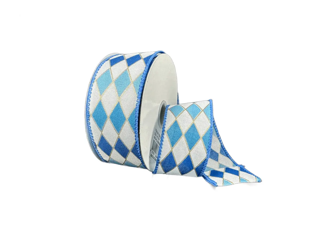 1.5" White, Dusty Blue, Turquoise & Gold Cascade Harlequin Ribbon – 10 Yard Roll